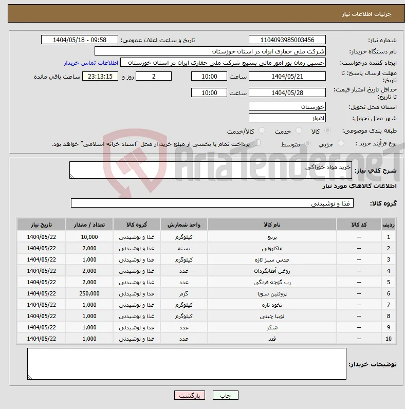 نیاز انتخاب تامین کننده-خرید مواد خوراکی