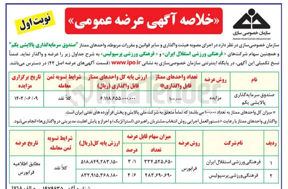 عرضه واحدهای ممتاز صندوق سرمایه گذاری پالایشی یکم و همچنین سهام شرکتهای فرهنگی ورزشی استقلال ایران و فرهنگی ورزشی پرسپولیس 