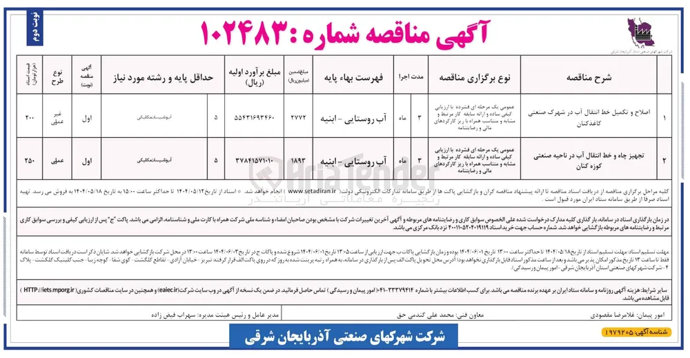 تجهیز چاه و خط انتقال آب در ناحیه صنعتی کوزه کنان 
