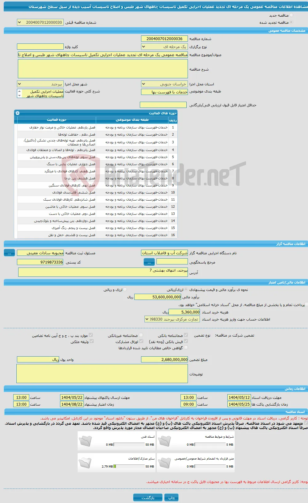 مناقصه عمومی یک مرحله ای تجدید عملیات اجرایی تکمیل تاسیسات چاههای شهر طبس و اصلاح تاسیسات آسیب دیده از سیل سطح شهرستان