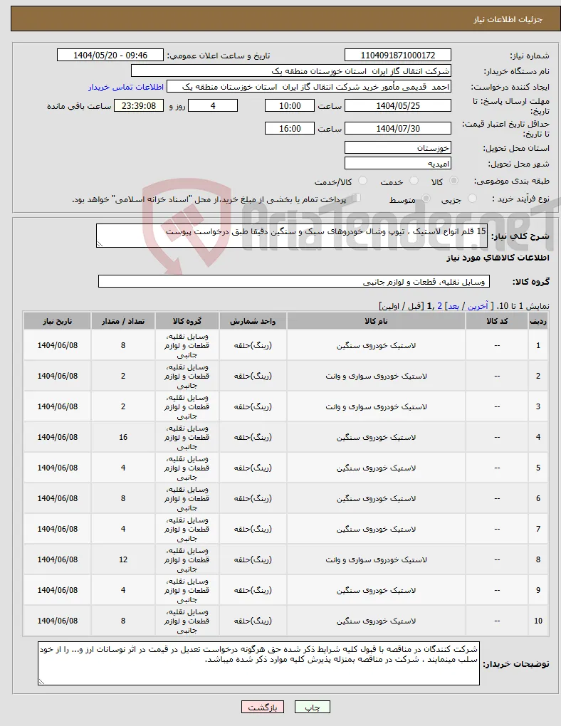 نیاز انتخاب تامین کننده-15 قلم انواع لاستیک ، تیوپ وشال خودروهای سبک و سنگین دقیقا طبق درخواست پیوست