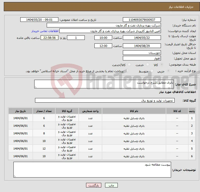 نیاز انتخاب تامین کننده-باتری مطابق شرح درخواست