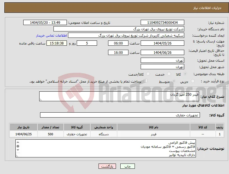 نیاز انتخاب تامین کننده-فیدر 250 آمپر گردان 