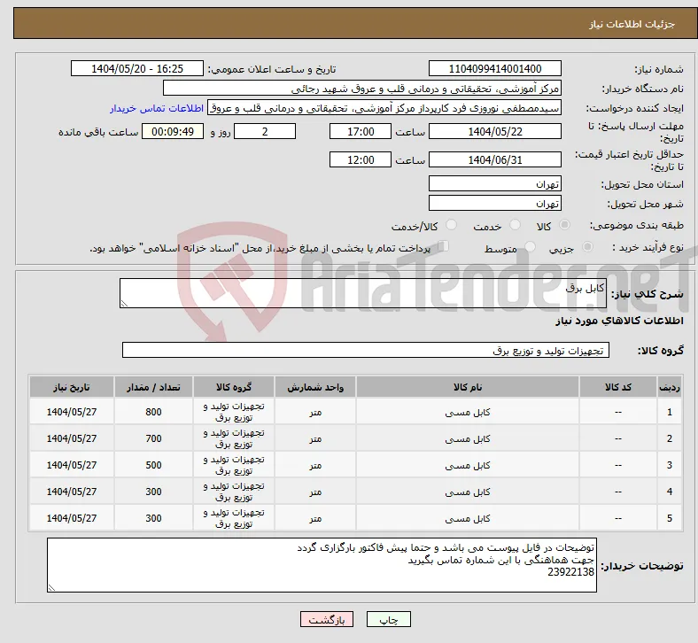 نیاز انتخاب تامین کننده-کابل برق