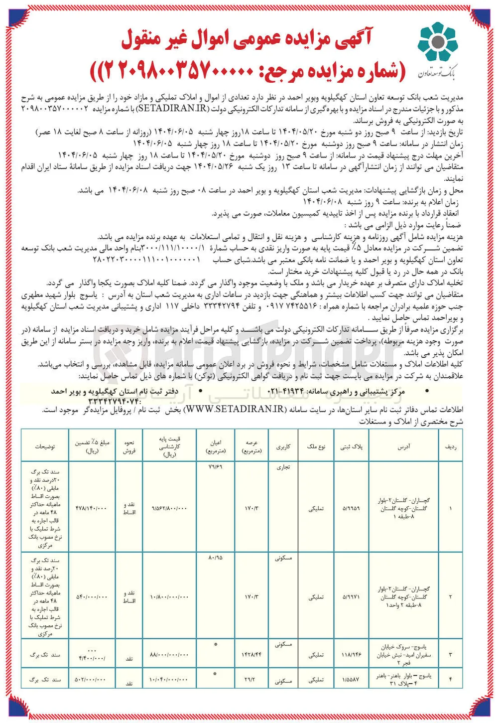 فروش تعدادی از املاک در 4 ردیف با کاربری تجاری - مسکونی