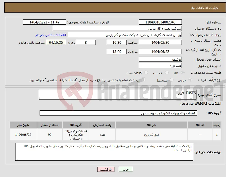 نیاز انتخاب تامین کننده-FUSES فیوز