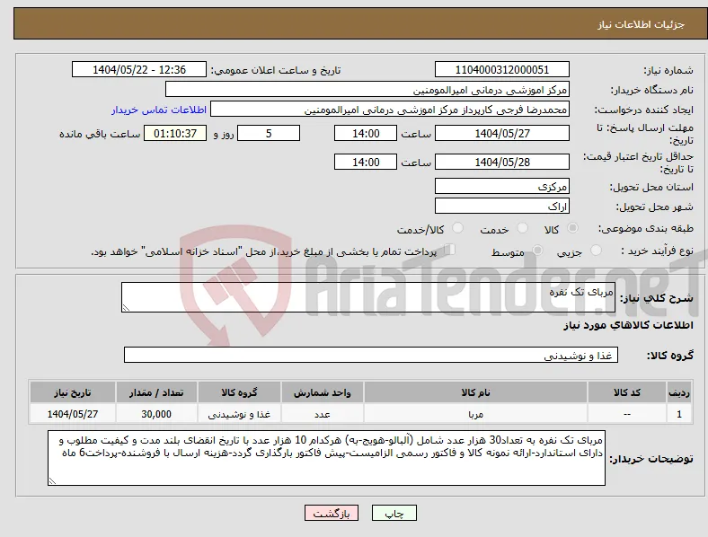 نیاز انتخاب تامین کننده-مربای تک نفره