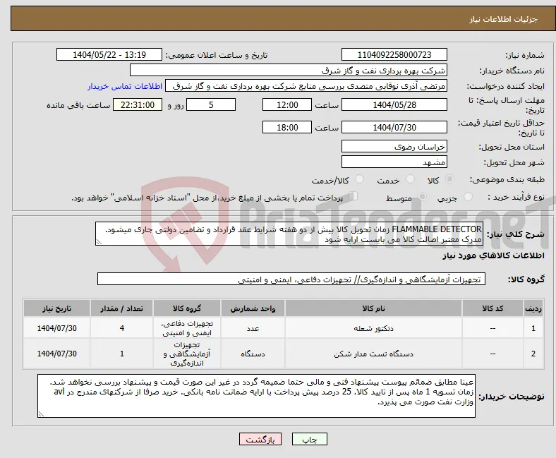 نیاز انتخاب تامین کننده-FLAMMABLE DETECTOR زمان تحویل کالا بیش از دو هفته شرایط عقد قرارداد و تضامین دولتی جاری میشود. مدرک معتبر اصالت کالا می بایست ارایه شود