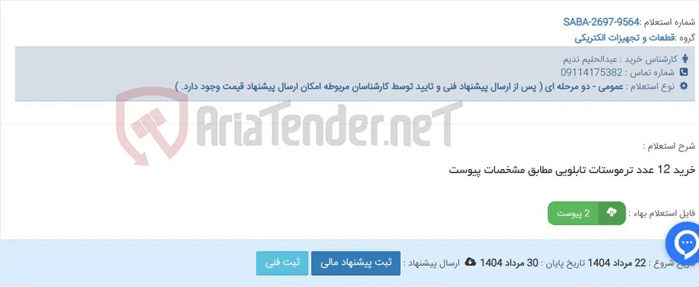 خرید 12 عدد ترموستات تابلویی مطابق مشخصات پیوست