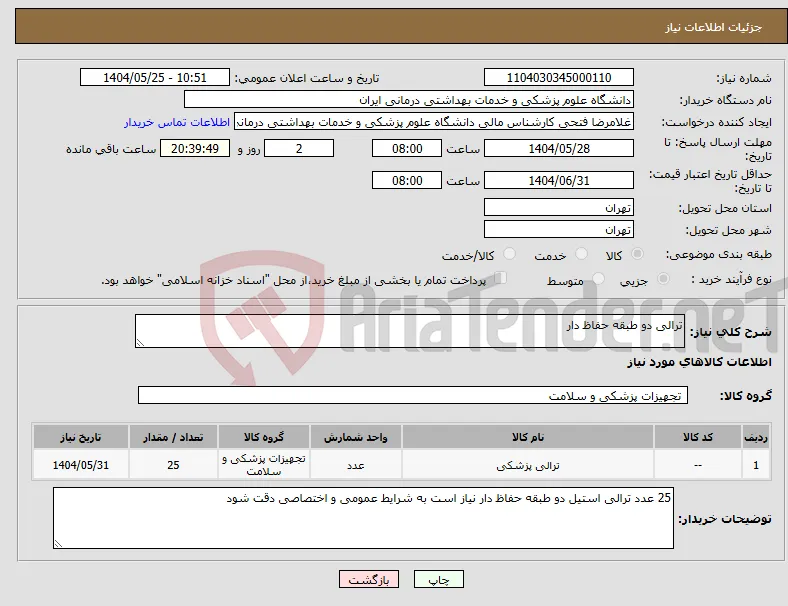 نیاز انتخاب تامین کننده-ترالی دو طبقه حفاظ دار