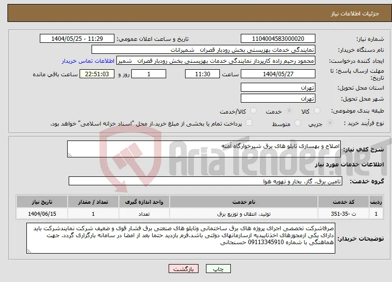 نیاز انتخاب تامین کننده-اصلاح و بهسازی تابلو های برق شیرخوارگاه آمنه 