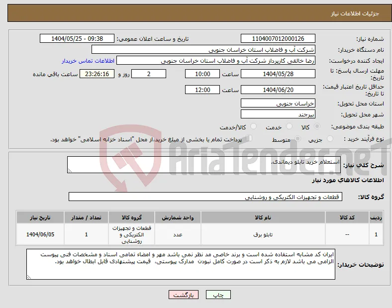نیاز انتخاب تامین کننده-استعلام خرید تابلو دیماندی.