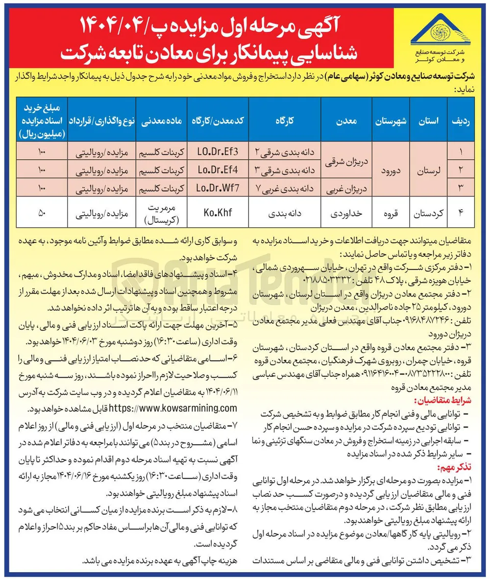 استخراج و فروش مواد معدنی (کربنات کلسیم - مرمریت ( کریستال ) )