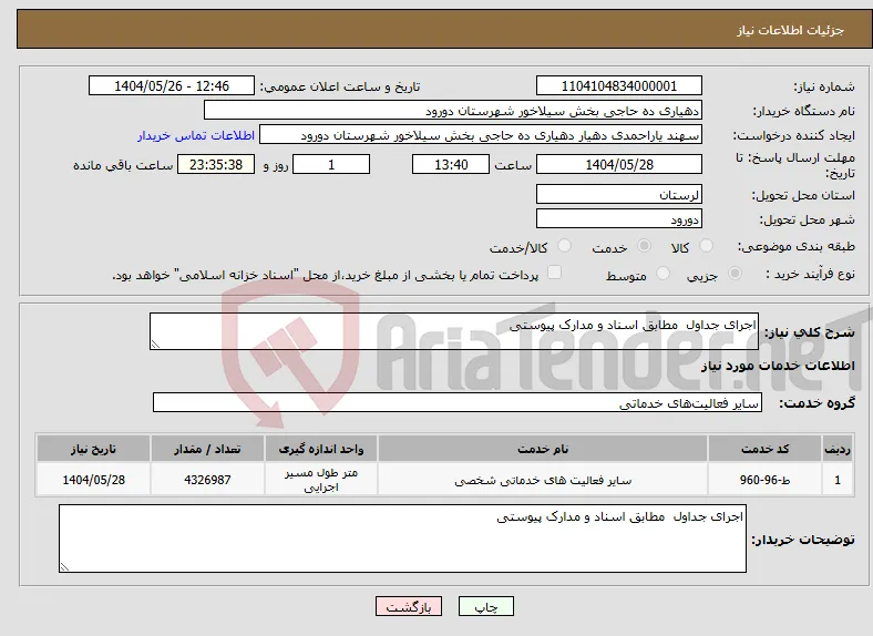 نیاز انتخاب تامین کننده-اجرای جداول مطابق اسناد و مدارک پیوستی 