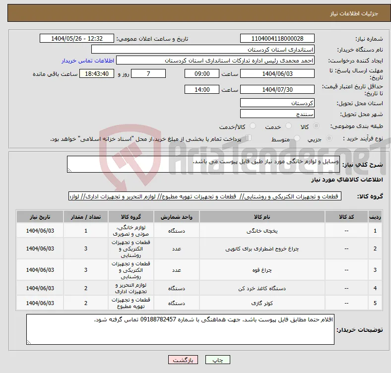 نیاز انتخاب تامین کننده-وسایل و لوازم خانگی مورد نیاز طبق فایل پیوست می باشد.