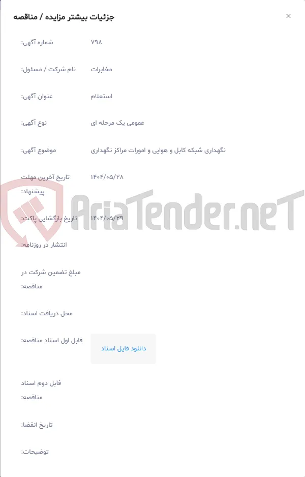 نگهداری شبکه کابل و هوایی و امورات مراکز نگهداری