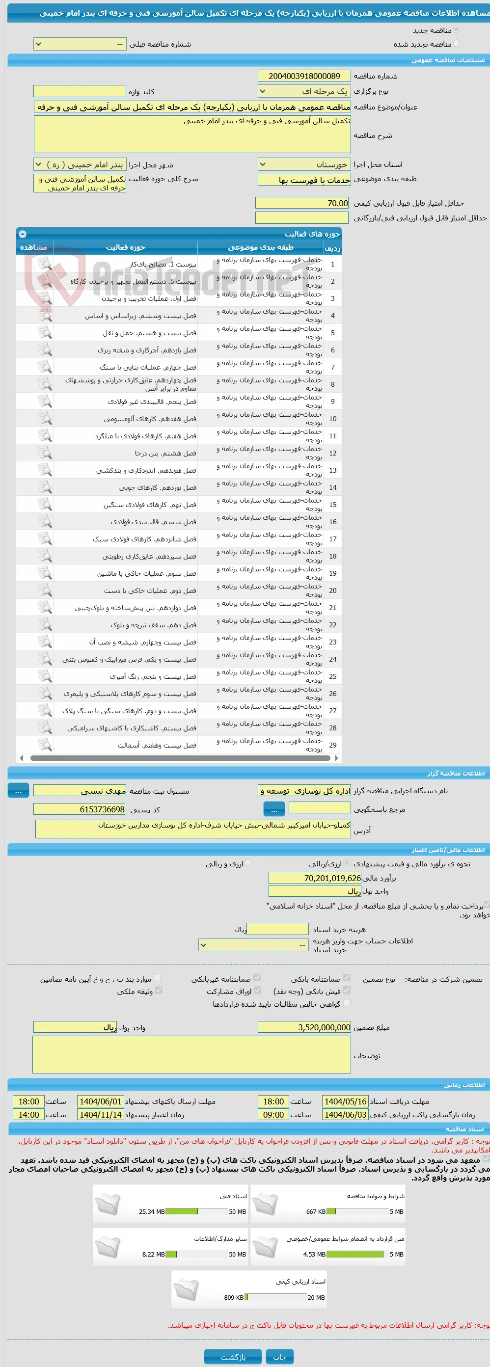 مناقصه عمومی همزمان با ارزیابی (یکپارچه) یک مرحله ای تکمیل سالن آموزشی فنی و حرفه ای بندر امام خمینی 