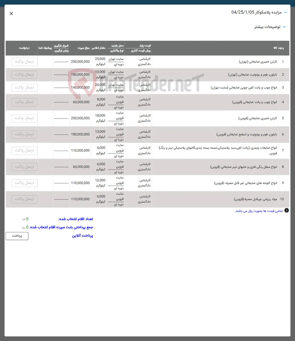 فروش کارتن خمیری ضایعاتی ( تهران ) - نایلون ، فوم و یونولیت ضایعاتی ( تهران ) - انواع چوب و پالت کفی چوبی ضایعاتی ( سایت تهران ) - انواع چوب و بالت ضایعاتی ( قزوین ) - کارتن خمیری ضایعاتی ( قزوین ) - نایلون فوم و یونولیت و اسفنج ضایعاتی ( قزوین ) - انواع ضایعات پلیمری (پالت کفی سید پلاستیکی تسمه بسته بندی گالتهای پلاستیکی تینر و رنگ) - انواع سطل رنگی فلزی و حلبهای تیتر ضایعاتی ( قزوین ) - انواع کلوخه های ضایعاتی غیر قابل مصرف ( قزوین ) - مواد ریزشی غیر قابل مصرف ( قزوین ) - 