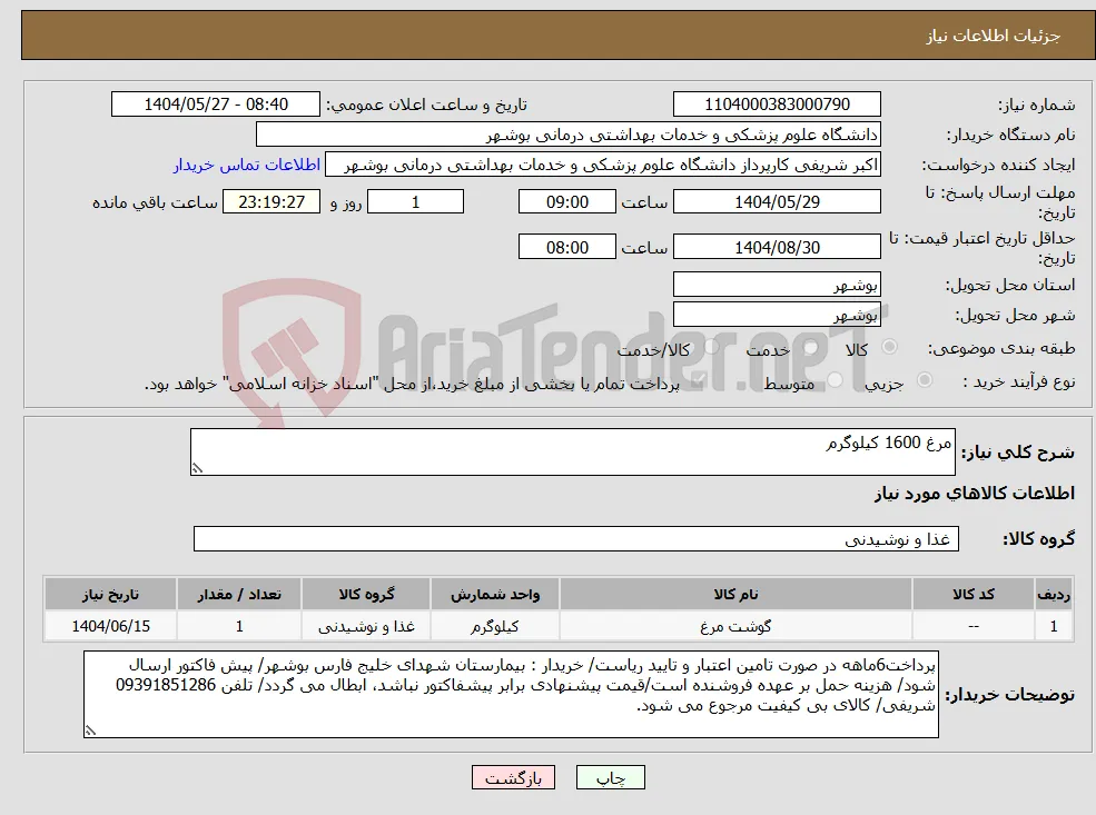 نیاز انتخاب تامین کننده-مرغ 1600 کیلوگرم