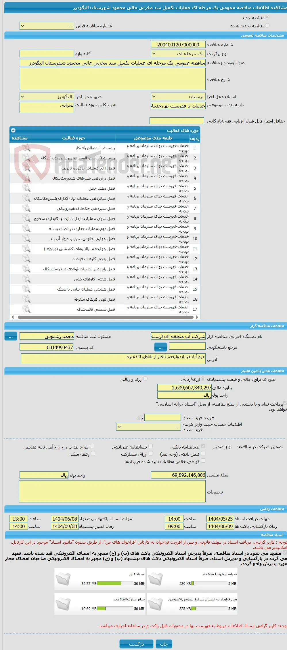 مناقصه عمومی یک مرحله ای عملیات تکمیل سد مخزنی عالی محمود شهرستان الیگودرز