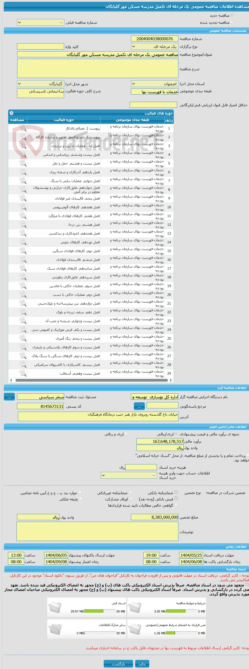 مناقصه عمومی یک مرحله ای تکمیل مدرسه مسکن مهر گلپایگان