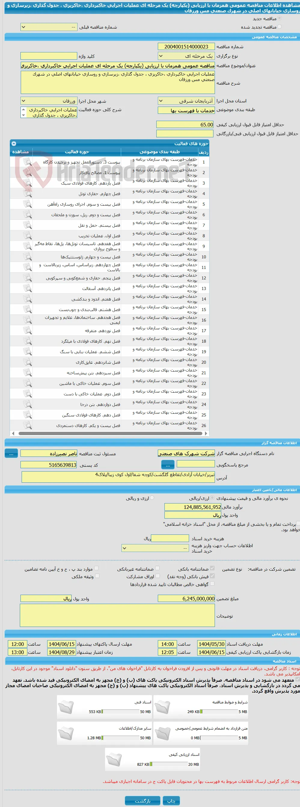 مناقصه عمومی همزمان با ارزیابی (یکپارچه) یک مرحله ای عملیات اجرایی خاکبرداری ،خاکریزی ، جدول گذاری ،زیرسازی و روسازی خیابانهای اصلی در شهرک صنعتی مس ورزقان