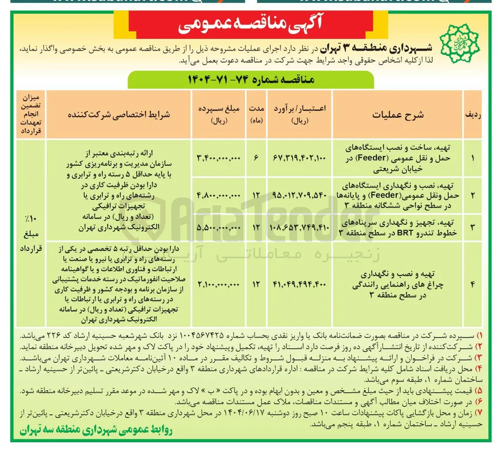 تهیه تجهیز و نگهداری سرپناه های خطوط تندرو BRT