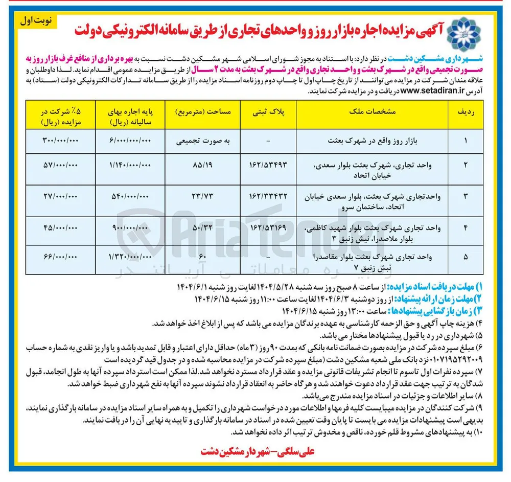 اجاره بازار روز و واحدهای تجاری در 5 ردیف