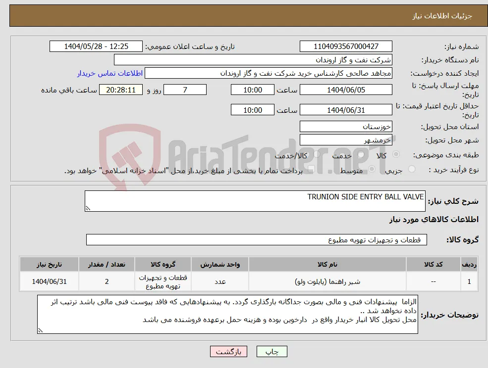 نیاز انتخاب تامین کننده-TRUNION SIDE ENTRY BALL VALVE 