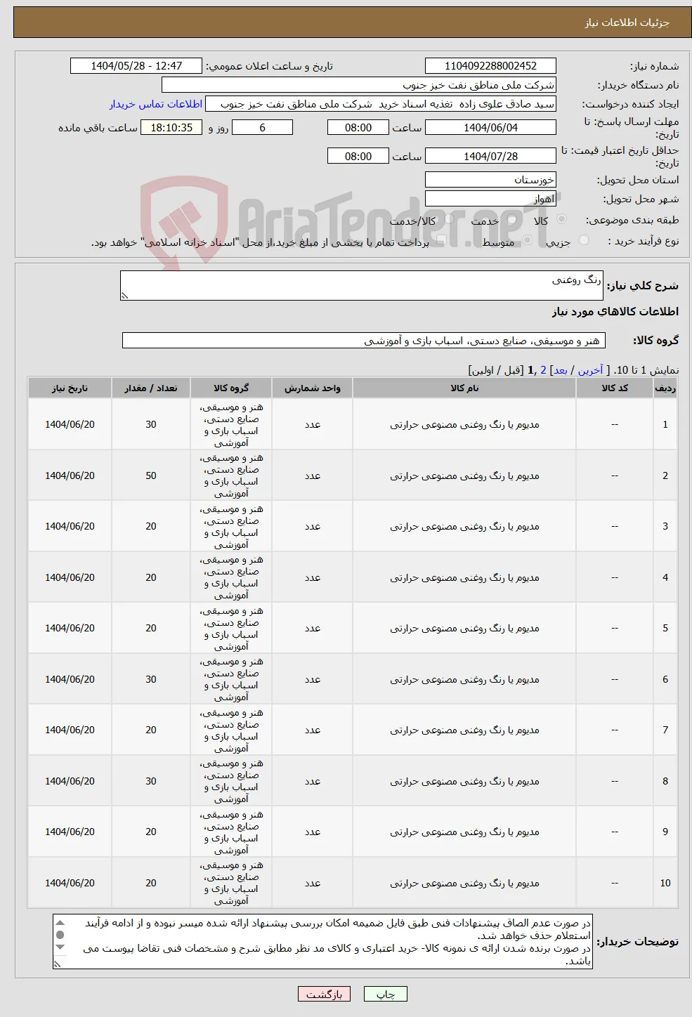نیاز انتخاب تامین کننده-رنگ روغنی 
