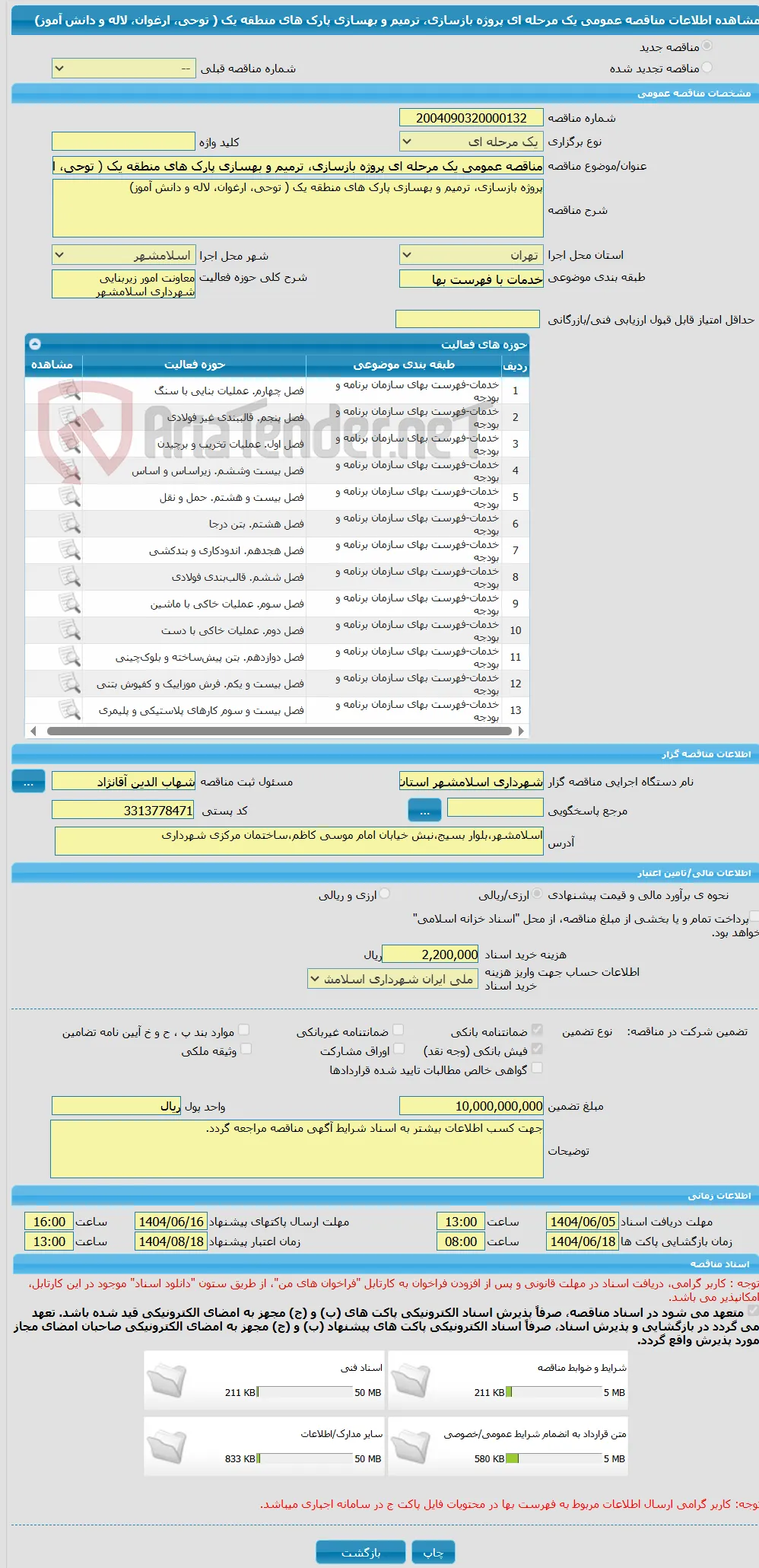 مناقصه عمومی یک مرحله ای پروژه بازسازی، ترمیم و بهسازی پارک های منطقه یک ( توحی، ارغوان، لاله و دانش آموز)