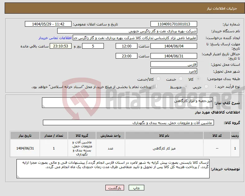 نیاز انتخاب تامین کننده-میز،جعبه و ابزار کارگاهی