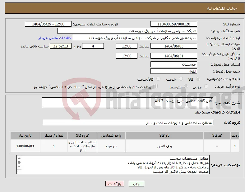 نیاز انتخاب تامین کننده-آهن گالات مطابق شرح پیوست 7 قلم