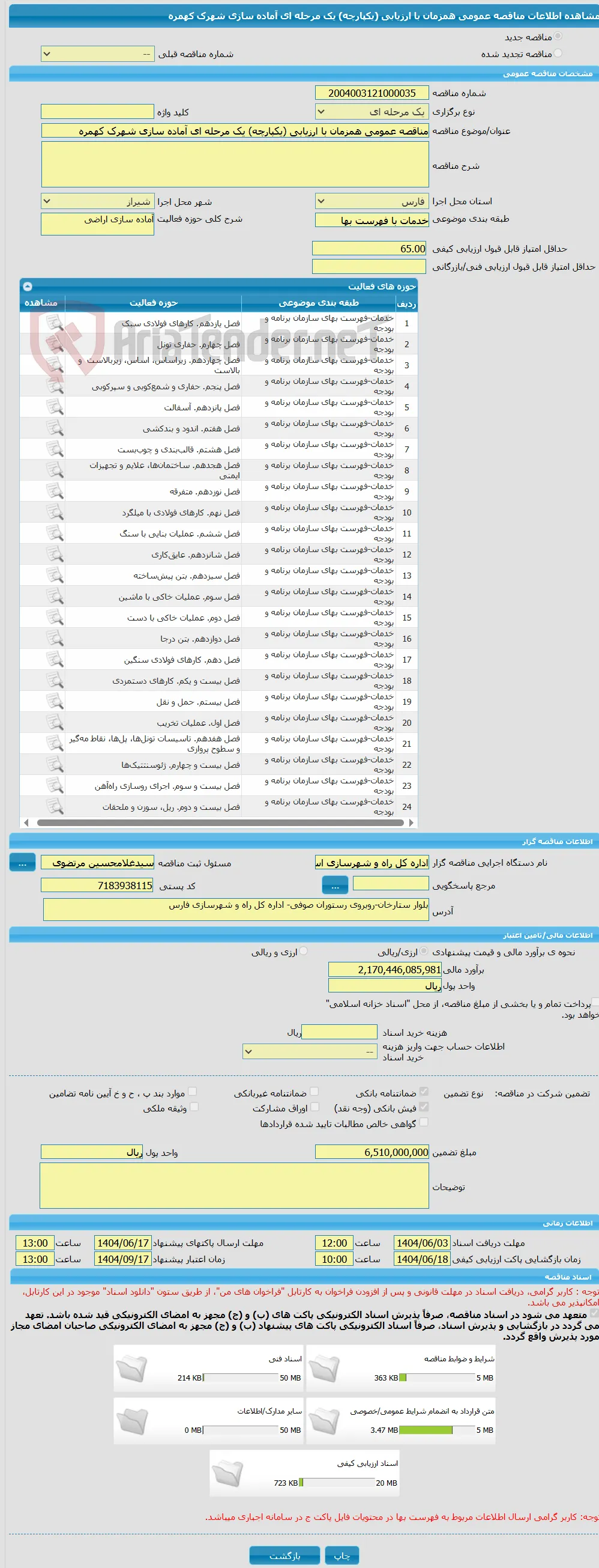 مناقصه عمومی همزمان با ارزیابی (یکپارچه) یک مرحله ای آماده سازی شهرک کهمره