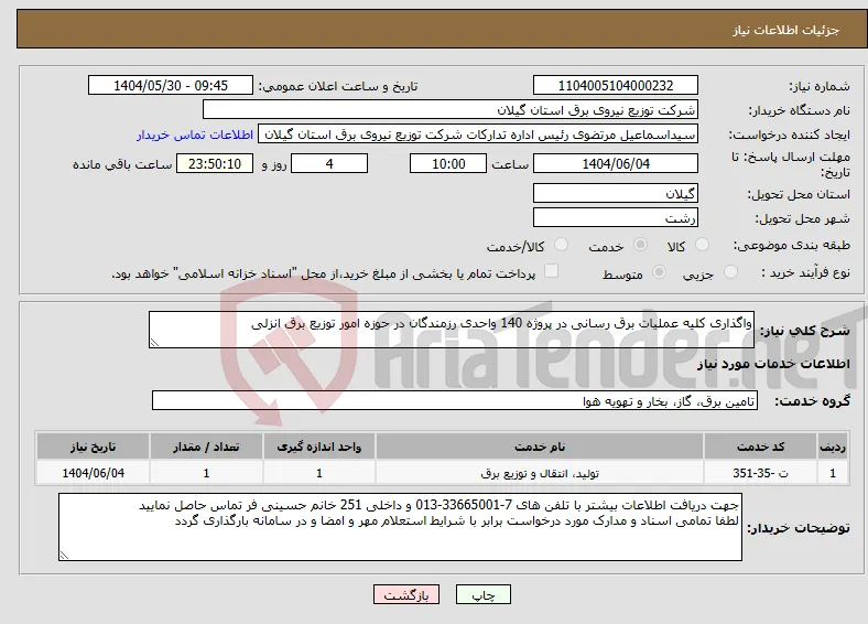 نیاز انتخاب تامین کننده-واگذاری کلیه عملیات برق رسانی در پروژه 140 واحدی رزمندگان در حوزه امور توزیع برق انزلی 