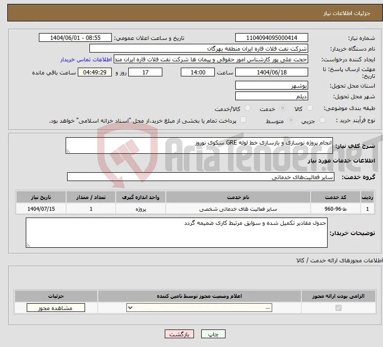 نیاز انتخاب تامین کننده-انجام پروژه نوسازی و بازسازی خط لوله GRE سکوی نوروز