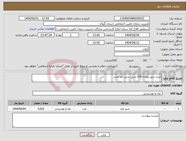 نیاز انتخاب تامین کننده-خرید شیر روزانه 200 سی سی کم چرب