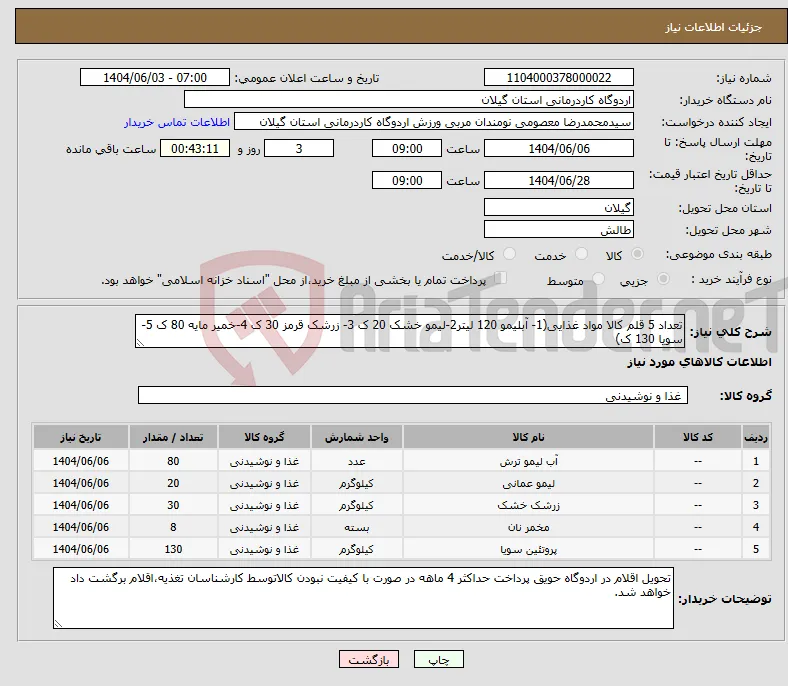 نیاز انتخاب تامین کننده-تعداد 5 قلم کالا مواد غذایی(1- آبلیمو 120 لیتر2-لیمو خشک 20 ک 3- زرشک قرمز 30 ک 4-خمیر مایه 80 ک 5- سویا 130 ک)