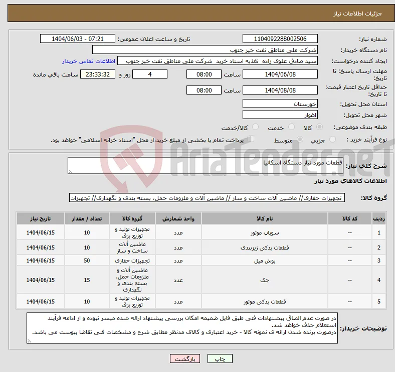 نیاز انتخاب تامین کننده-قطعات مورد نیاز دستگاه اسکانیا