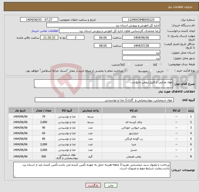 نیاز انتخاب تامین کننده-مواد غذایی از قبیل:روغن مایع و....