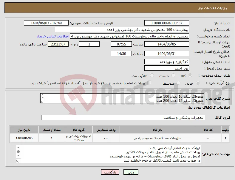 نیاز انتخاب تامین کننده-هموواگ سایز 10 تعداد 100 عدد هموواگ سایز 12 تعداد 200 عدد هموواگ سایز 14 تعداد 200 عدد