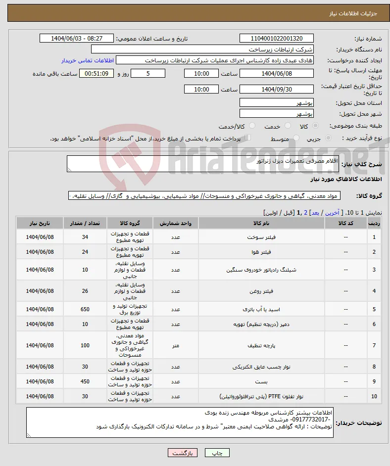 نیاز انتخاب تامین کننده-اقلام مصرفی تعمیرات دیزل ژنراتور