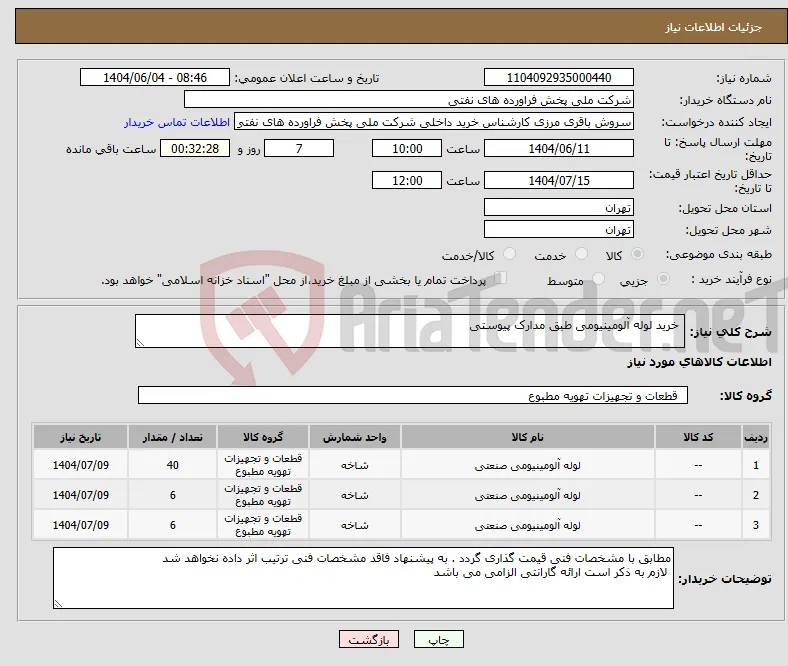 نیاز انتخاب تامین کننده- خرید لوله آلومینیومی طبق مدارک پیوستی 