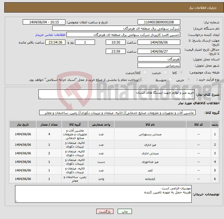 نیاز انتخاب تامین کننده-خرید میز و لوازم جهت ایستگا های استان 