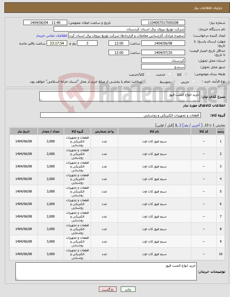 نیاز انتخاب تامین کننده-خرید انواع المنت فیوز