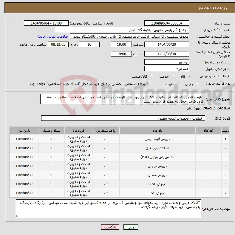 نیاز انتخاب تامین کننده-لوازم جانبی و اتصالات ابزاردقیق-ملاک شرح پیوست و الزامات بازرسی است پیشنهدات فنی و مالی ضمیمه گردد هزینه حمل به عهده فروشنده است