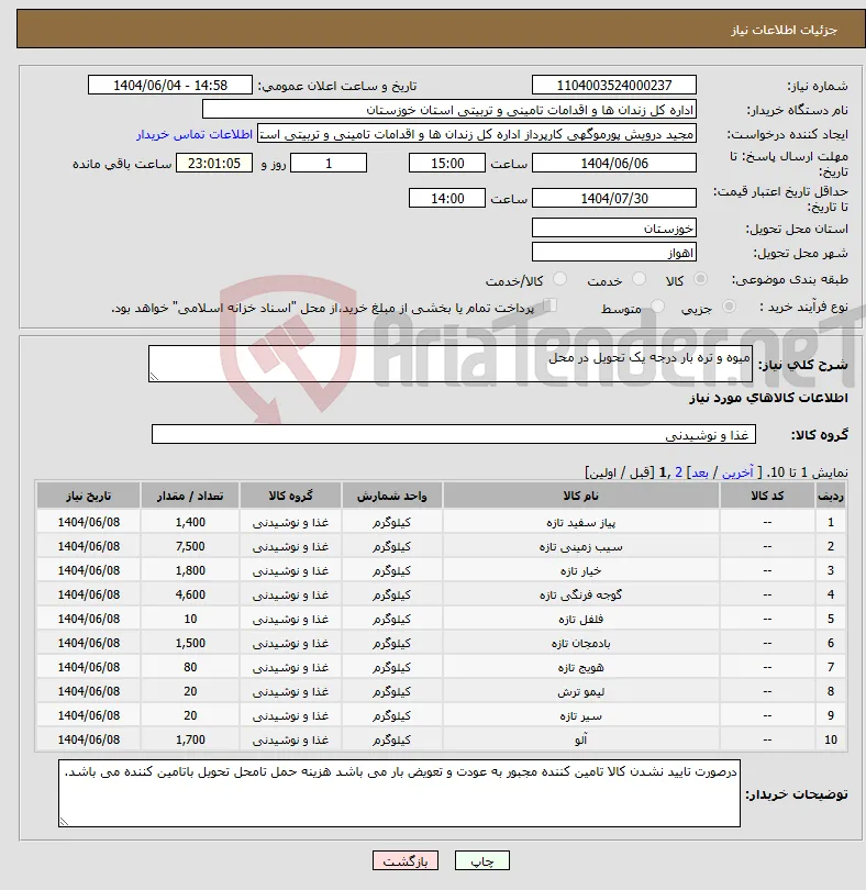 نیاز انتخاب تامین کننده-میوه و تره بار درجه یک تحویل در محل