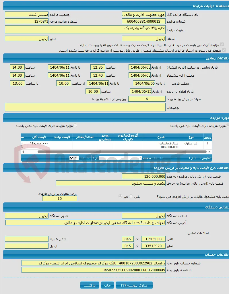 اجاره بوفه خوابگاه برادران یک
