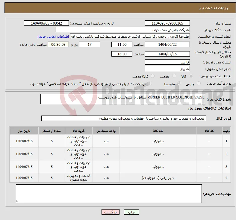 نیاز انتخاب تامین کننده-PARKER LUCIFER SOLENOID VALVE مطابق با مشخصات فنی پیوست