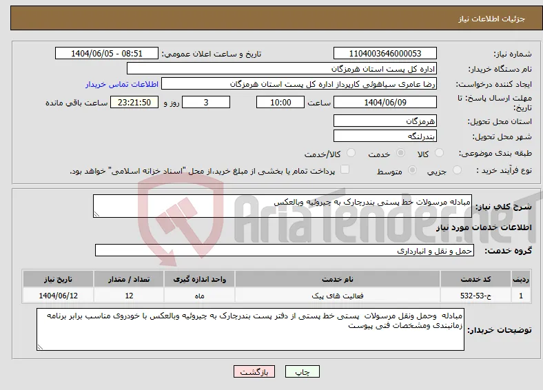 نیاز انتخاب تامین کننده-مبادله مرسولات خط پستی بندرچارک به چیروئیه وبالعکس